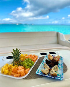 Fresh fruit and muffins aboard the Take It Easy private charter yacht.